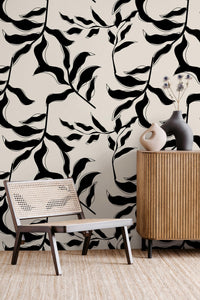 Abstract Leaves Wallpaper behind a rattan chair