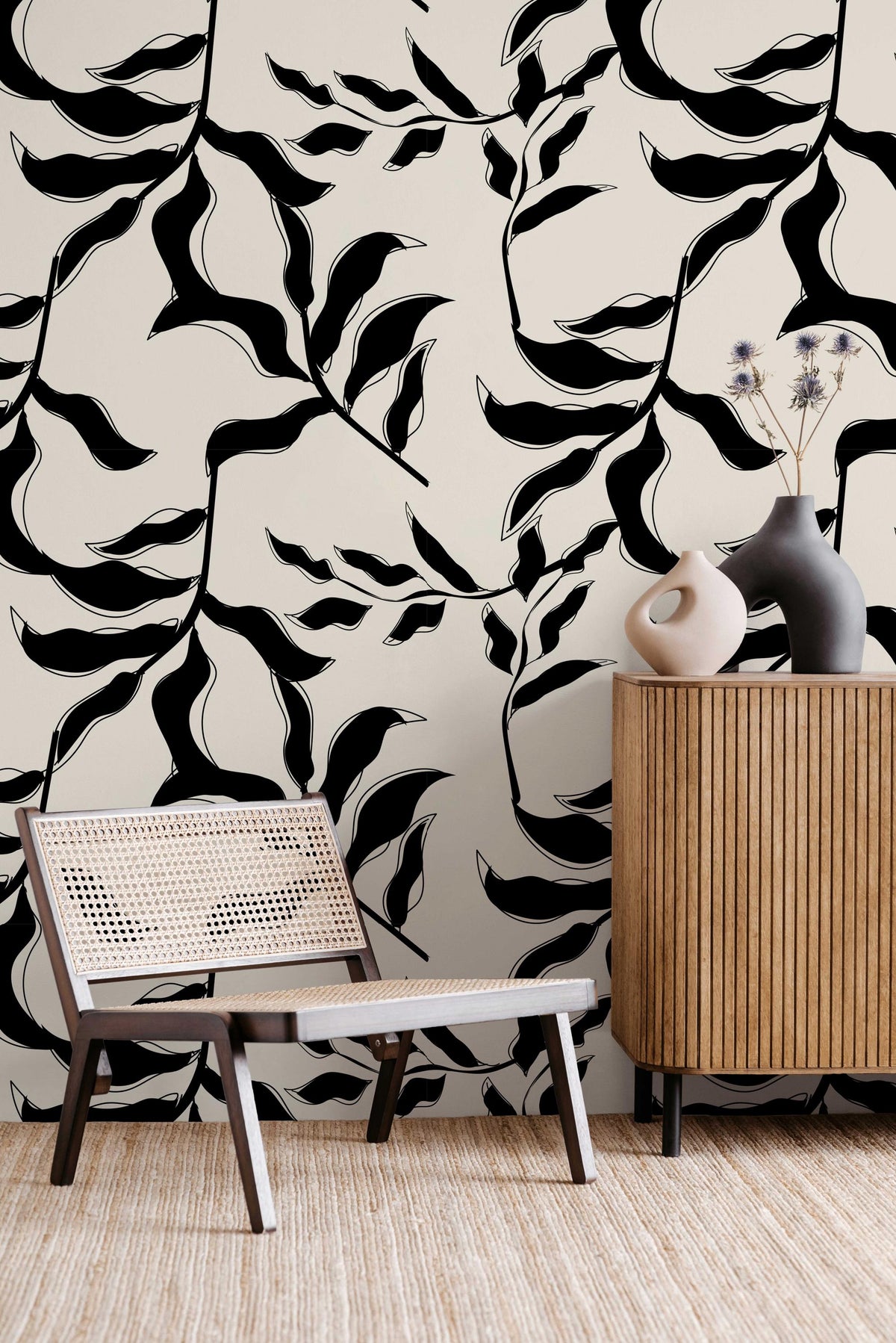 Abstract Leaves Wallpaper behind a rattan chair