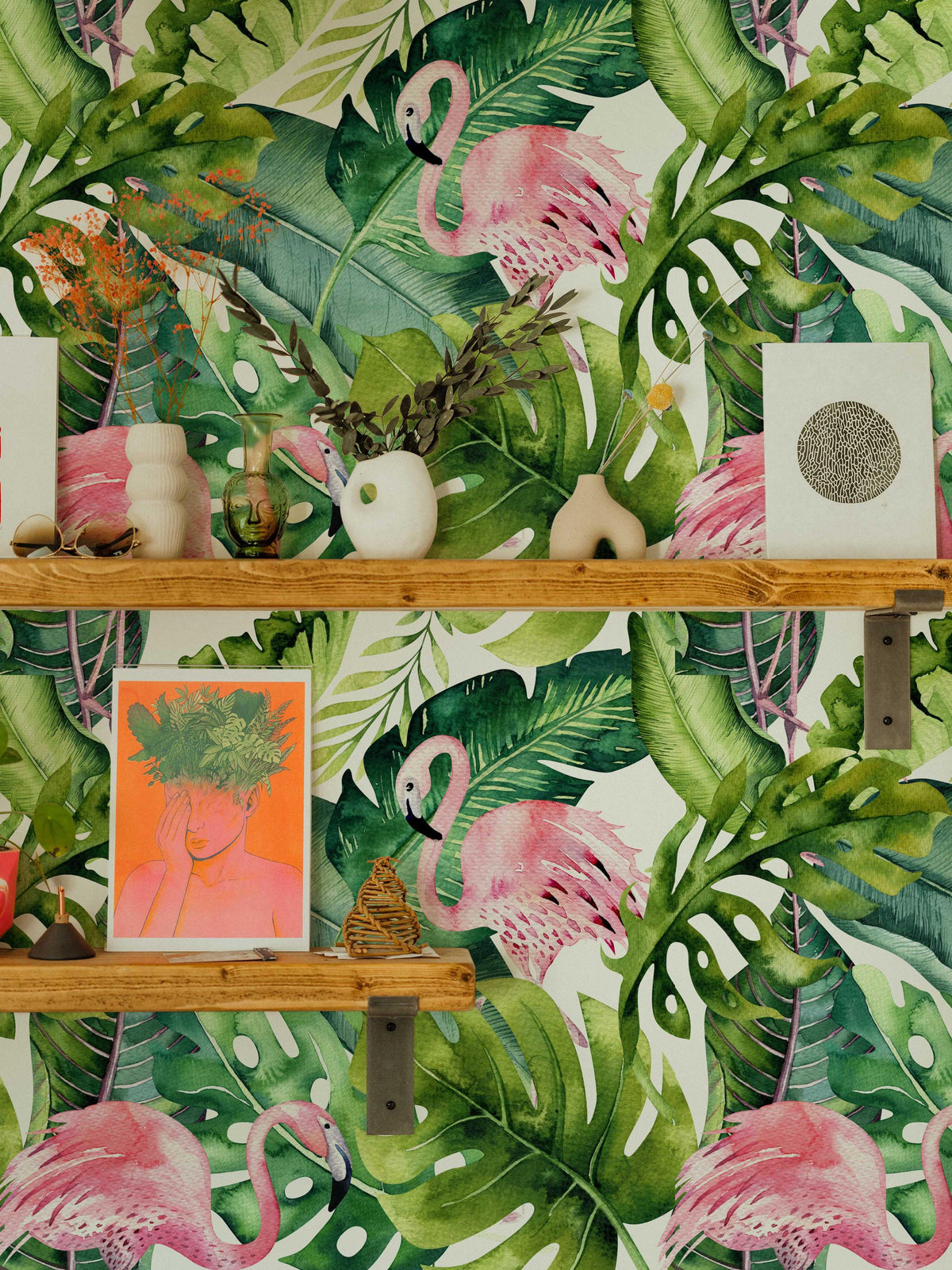Tropical Flamingo Wallpaper behind shelves