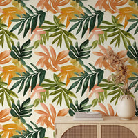 Tropical Leaf Wallpaper behind a sideboard