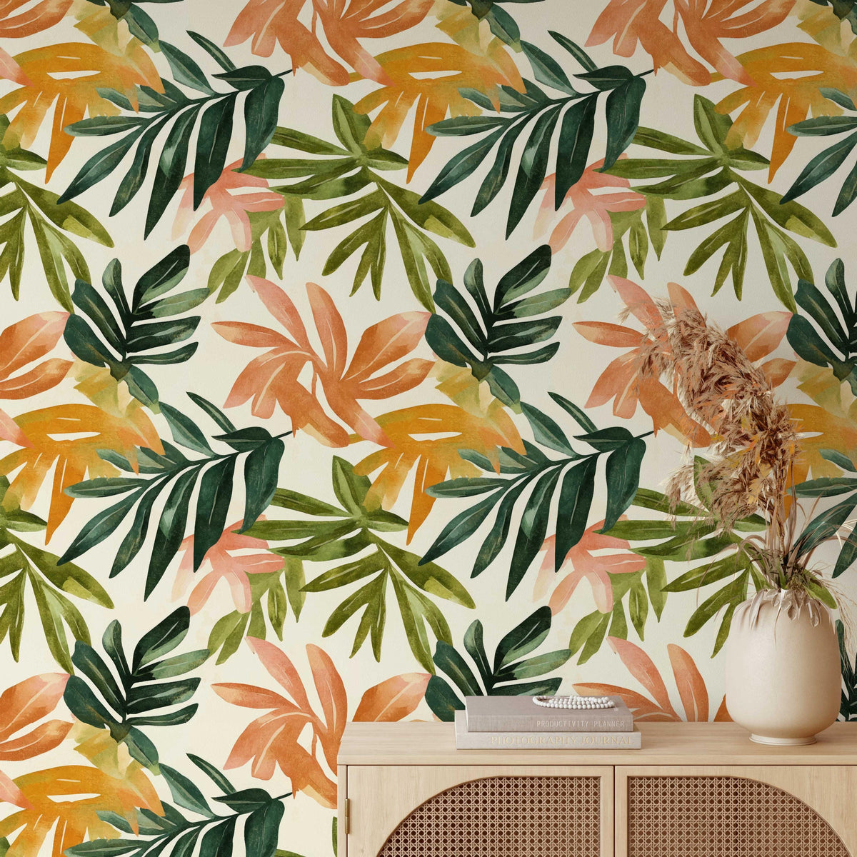 Tropical Leaf Wallpaper behind a sideboard