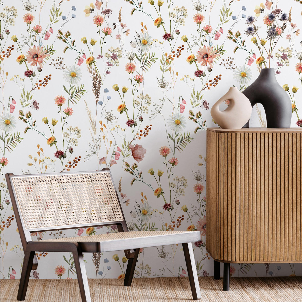Watercolour Wildflower Wallpaper in a living room