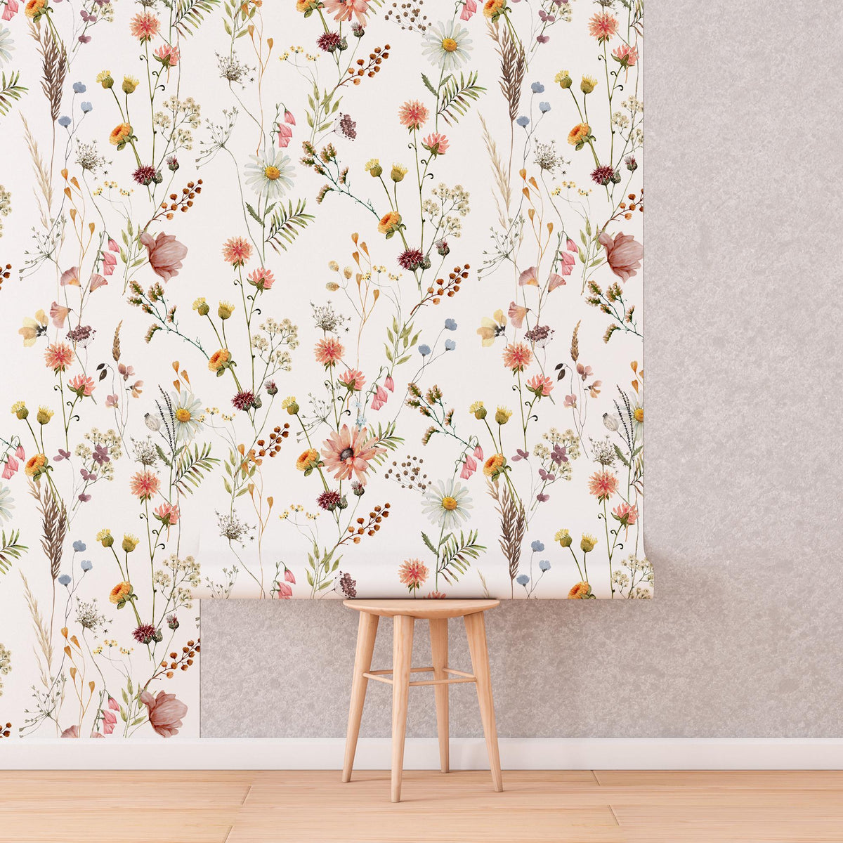 Watercolour Wildflower Wallpaper roll shown against a wall