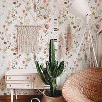 Watercolour Wildflower Wallpaper in a boho living room