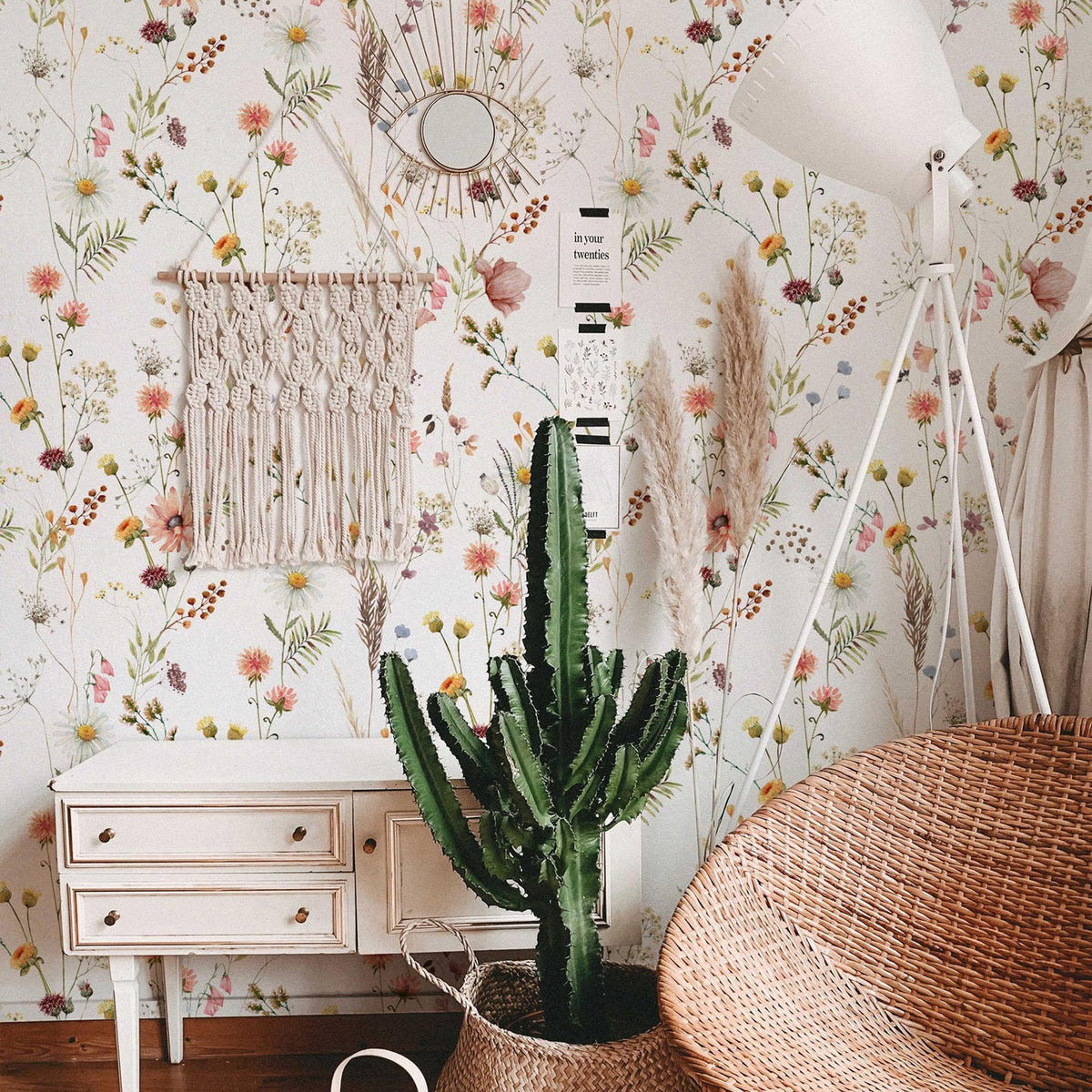 Watercolour Wildflower Wallpaper in a boho living room