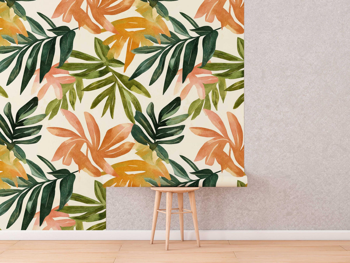 Tropical Leaf Wallpaper roll shown against a wall