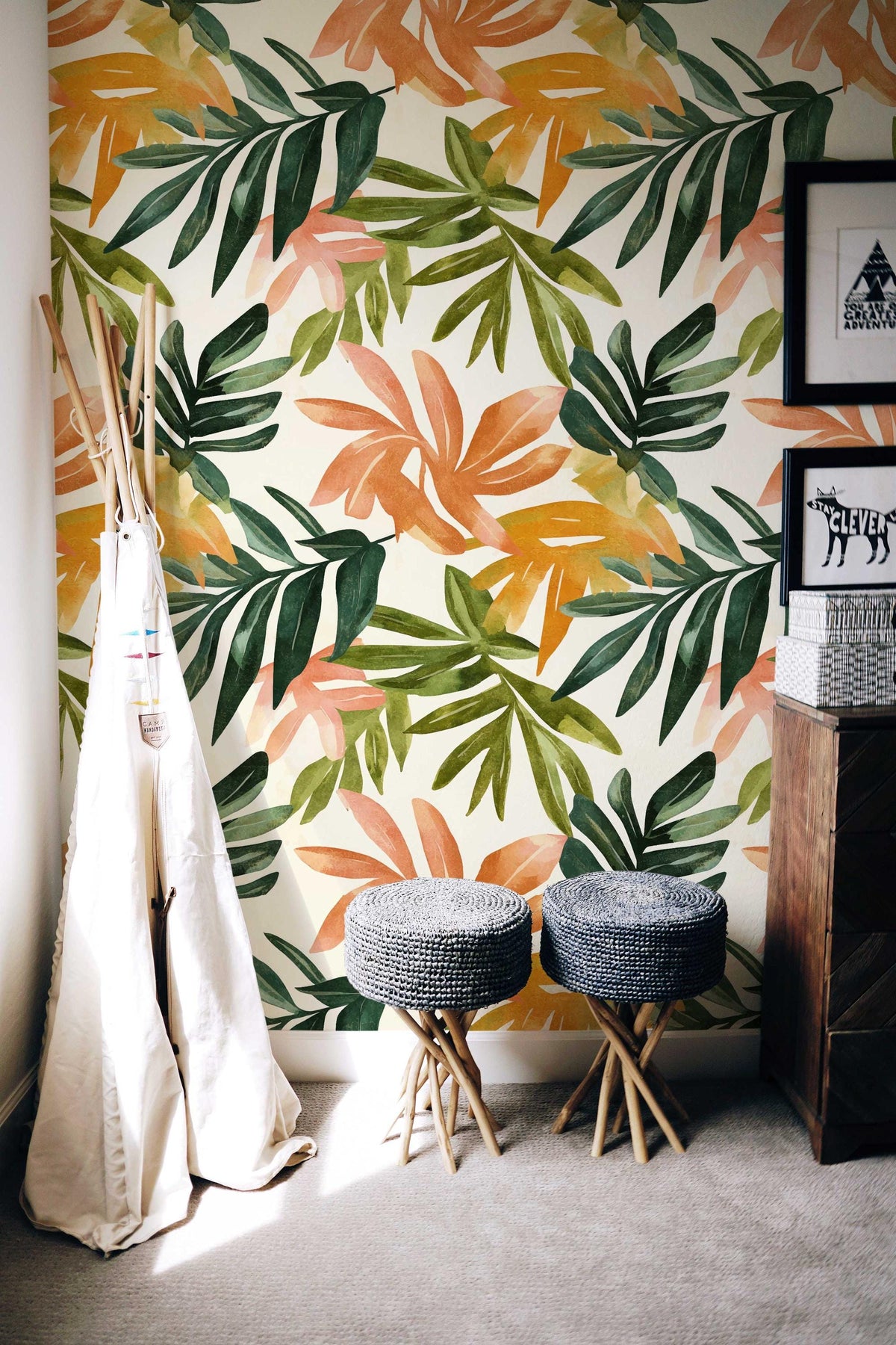 Tropical Leaf Wallpaper behind a play tent