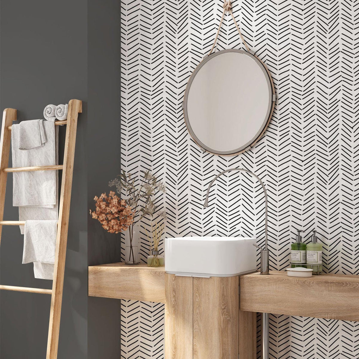 Black and White Herringbone Wallpaper in a bathroom
