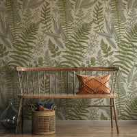 Sage Fern Botanical Wallpaper behind a bench