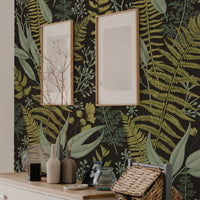 Dark Fern Botanical Wallpaper behind a sideboard