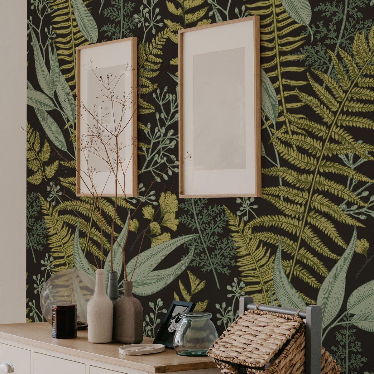 Dark Fern Botanical Wallpaper behind a sideboard
