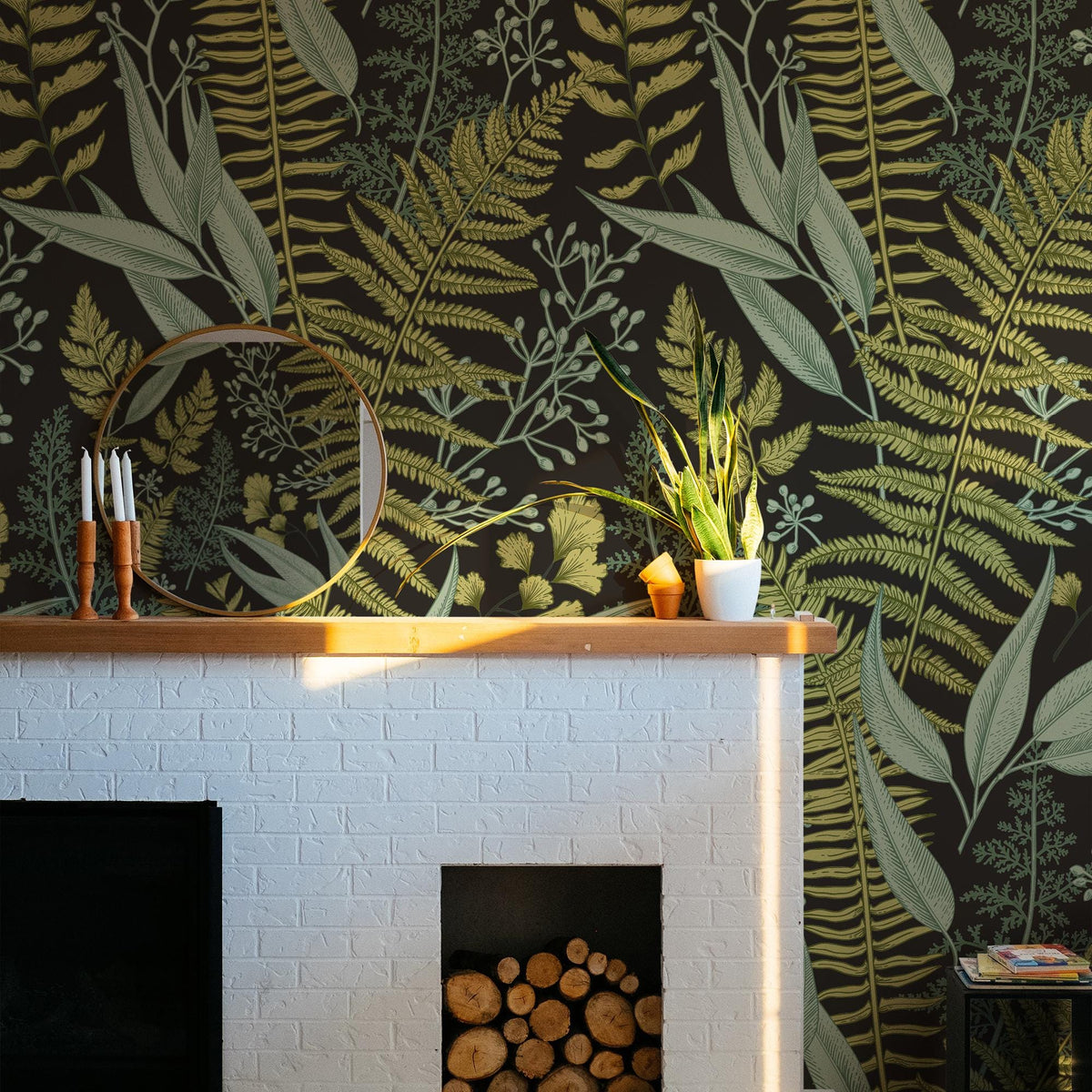 Dark Fern Botanical Wallpaper above a fireplace