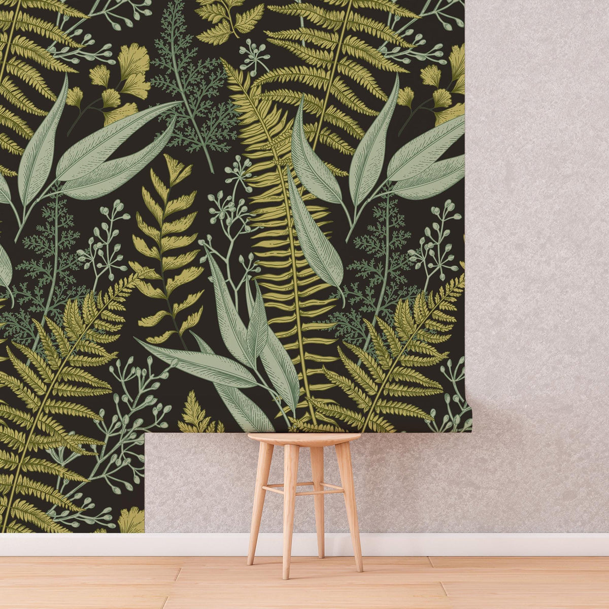 Dark Fern Botanical Wallpaper roll shown against a wall