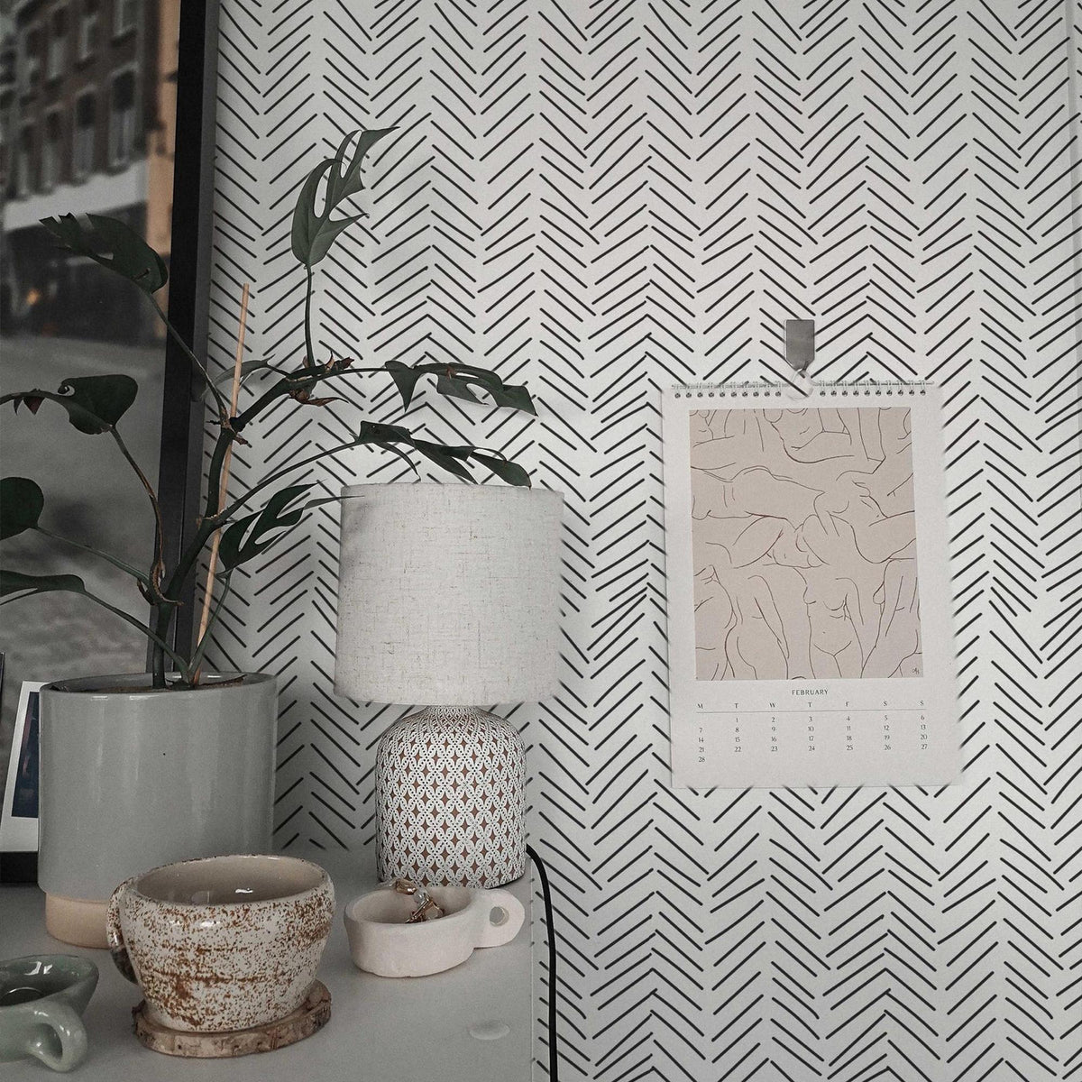 Black and White Herringbone Wallpaper close-up