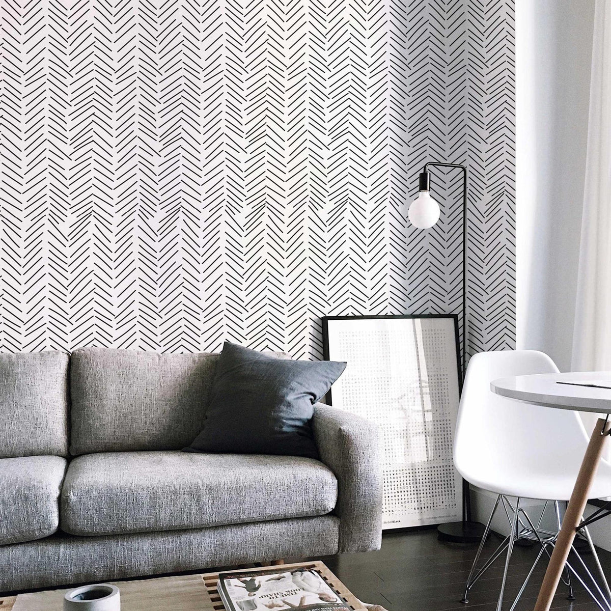 Black and White Herringbone Wallpaper in a living room
