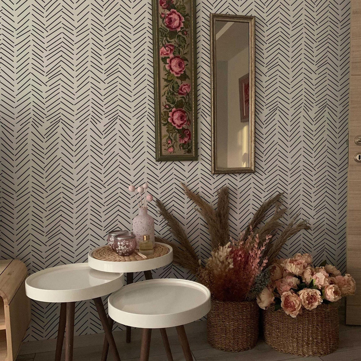 Black and White Herringbone Wallpaper in a hallway