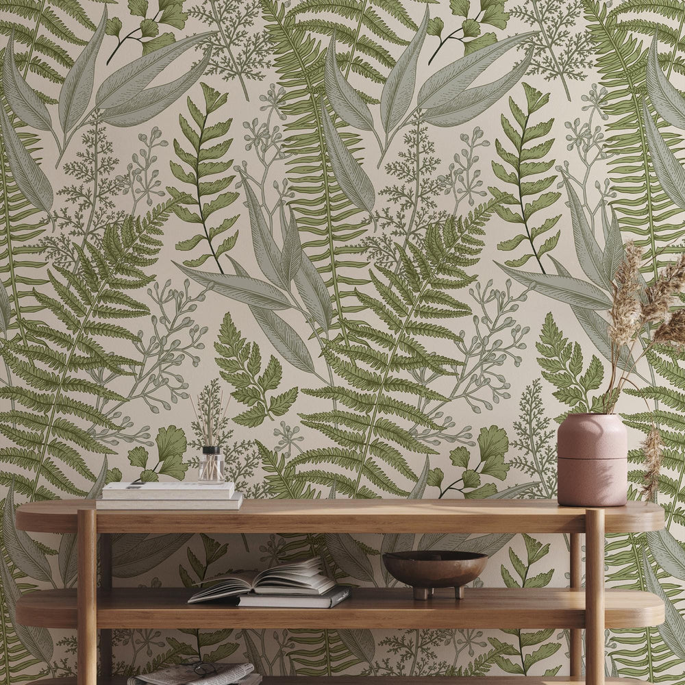 Sage Fern Botanical Wallpaper behind a console table