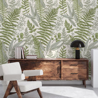 Sage Fern Botanical Wallpaper behind a sideboard
