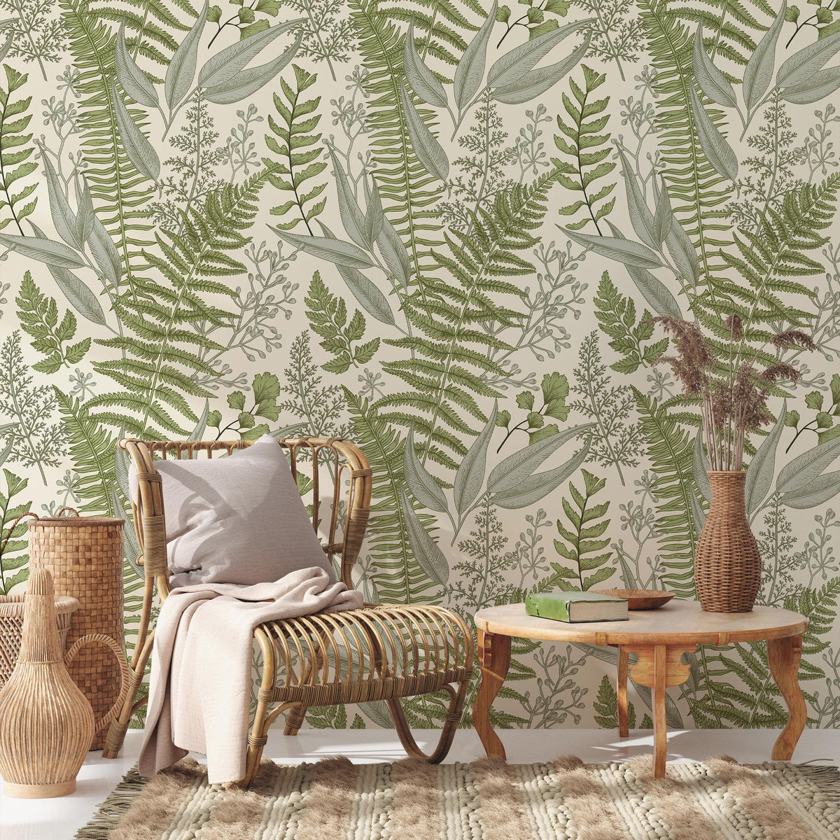 Sage Fern Botanical Wallpaper behind a rattan chair