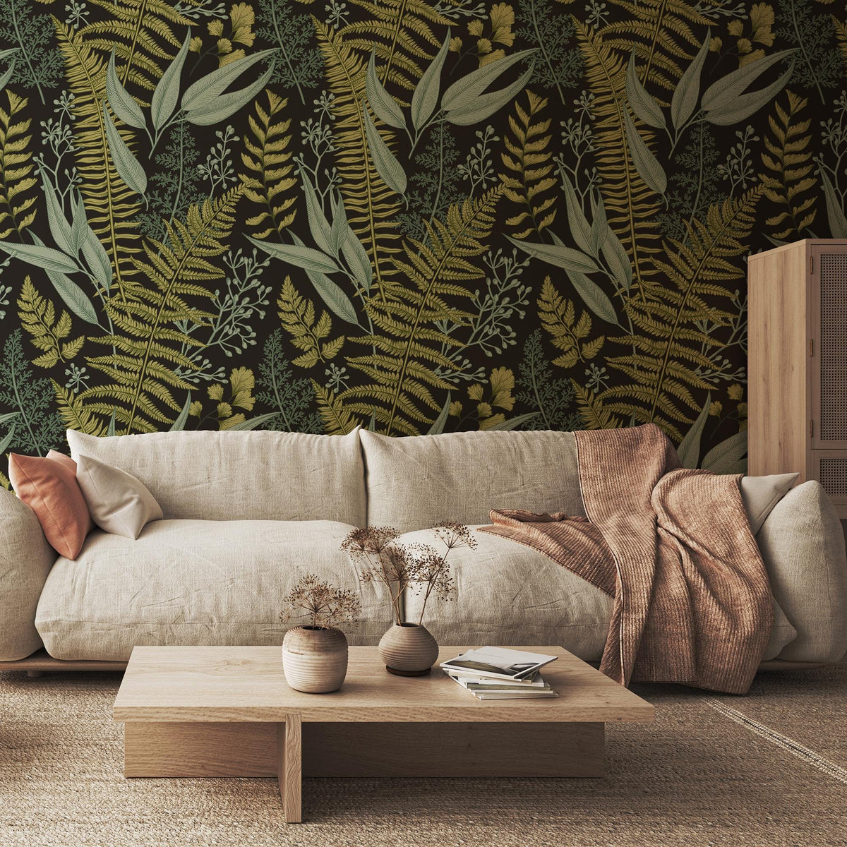 Dark Fern Botanical Wallpaper in a living room