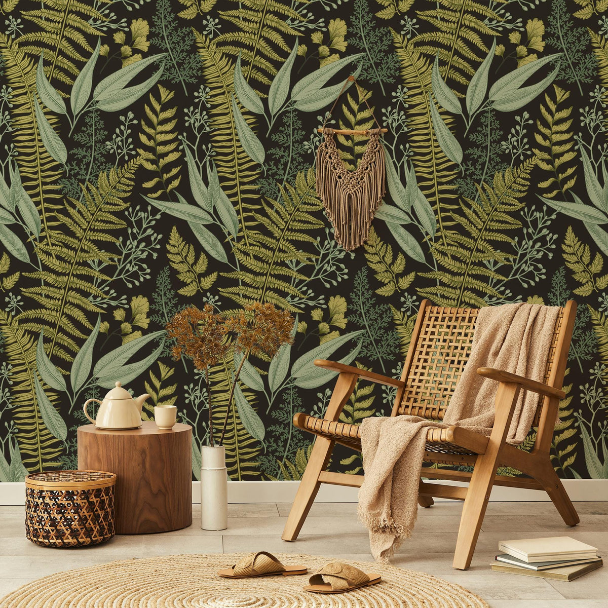 Dark Fern Botanical Wallpaper behind a rattan chair