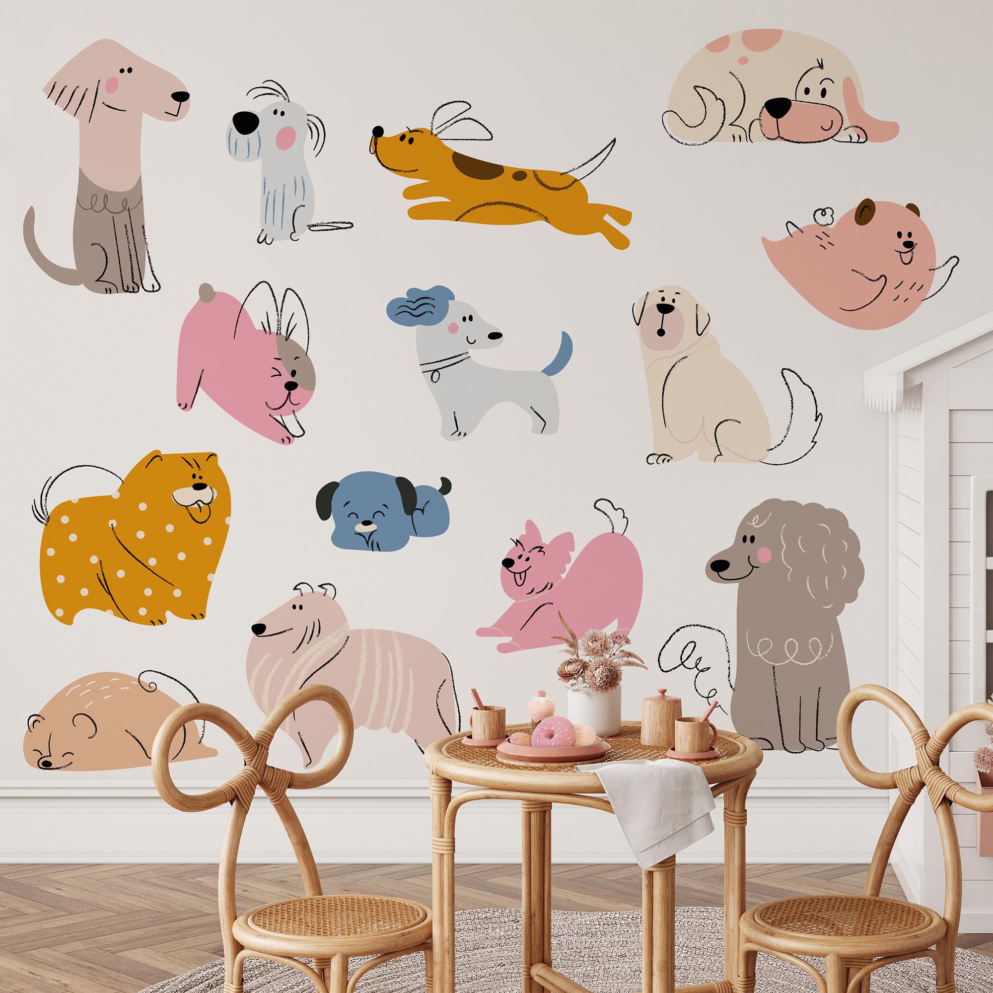 Hand Drawn Puppy Wall Decals: Baby Room Decor, Set of 16 - Clickwalls