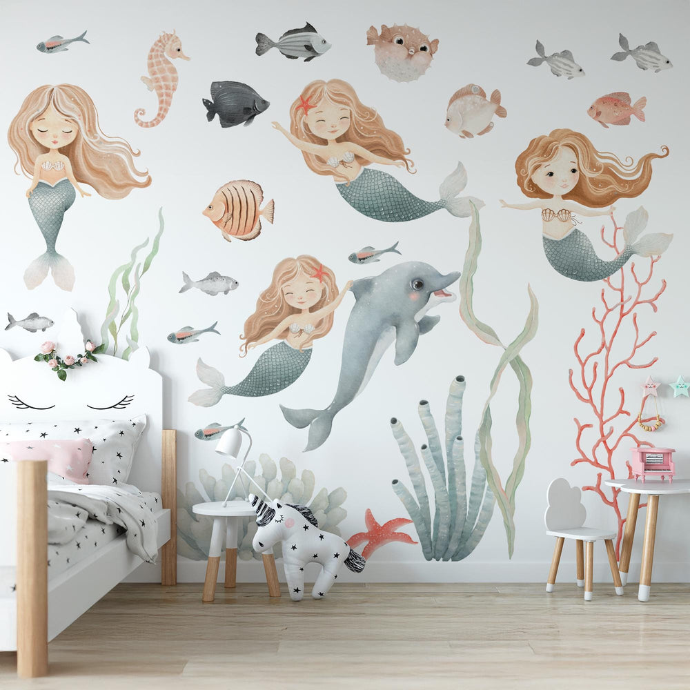 Watercolour Mermaid Wall Decals above a bed