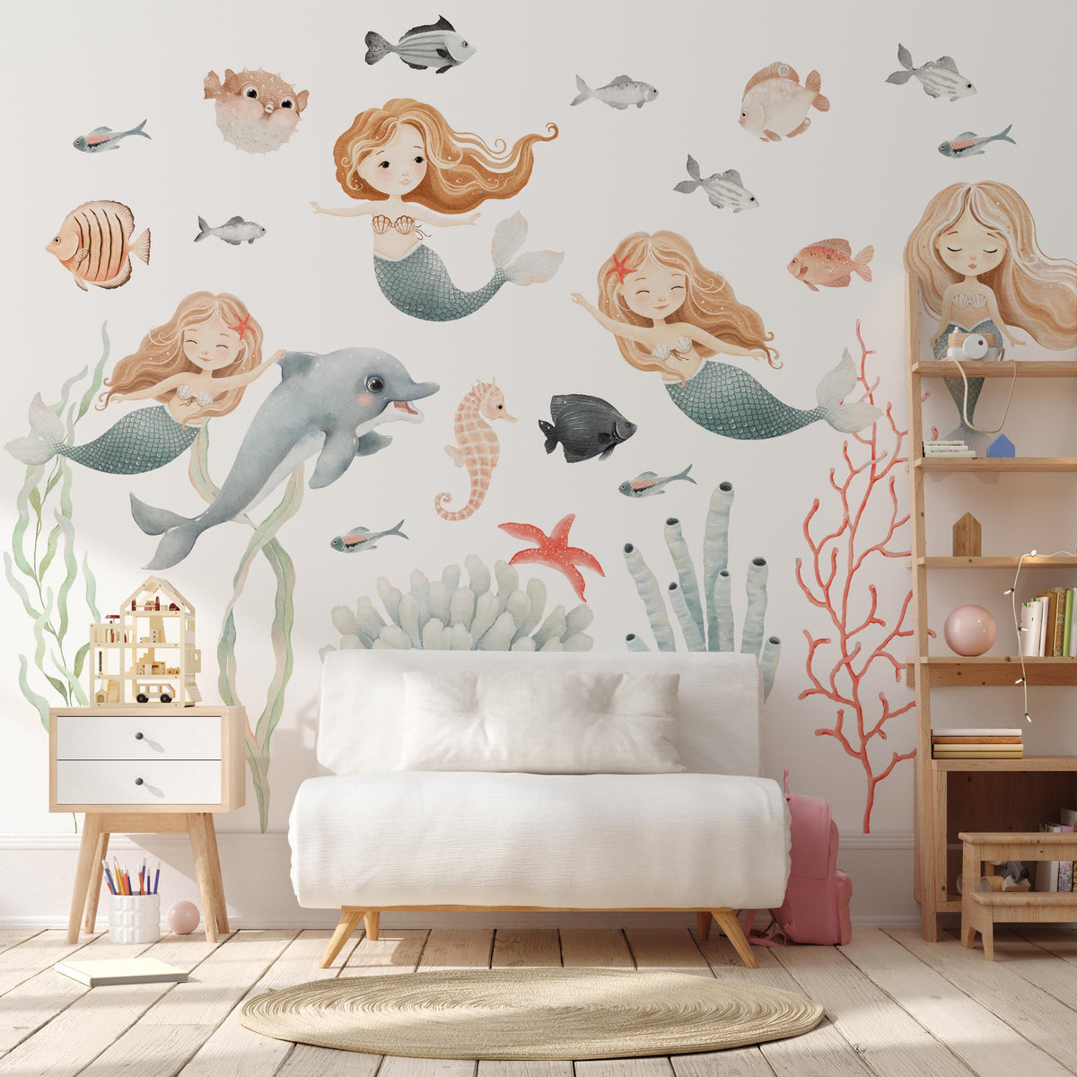 Watercolour Mermaid Wall Decals in a living area