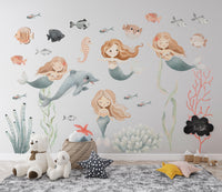 Watercolour Mermaid Wall Decals with toys on a rug