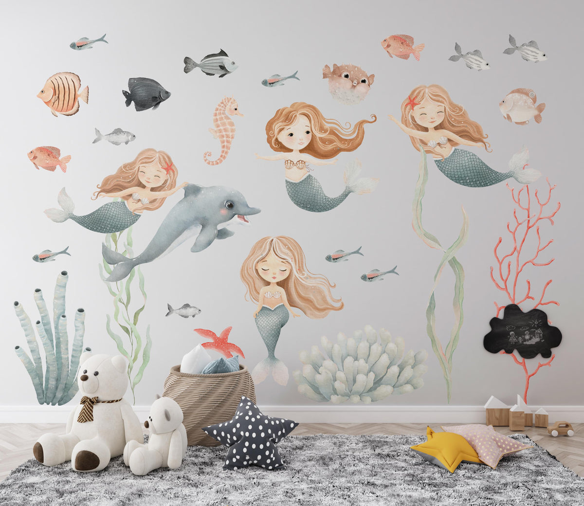 Watercolour Mermaid Wall Decals with toys on a rug