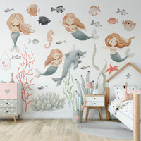 Watercolour Mermaid Wall Decals in a girl's bedroom
