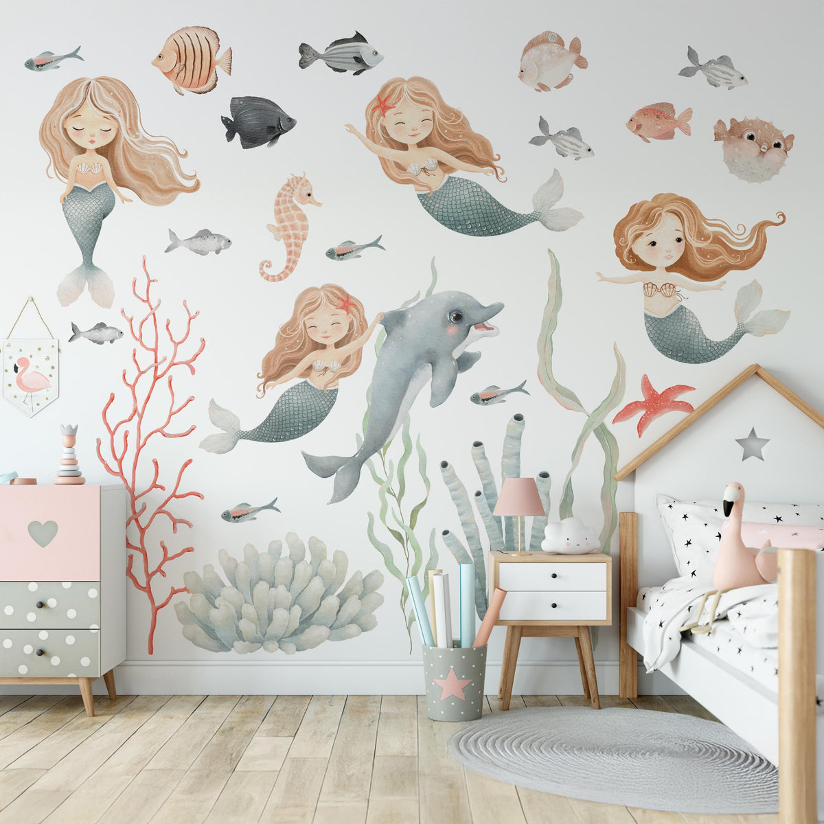 Watercolour Mermaid Wall Decals in a girl's bedroom