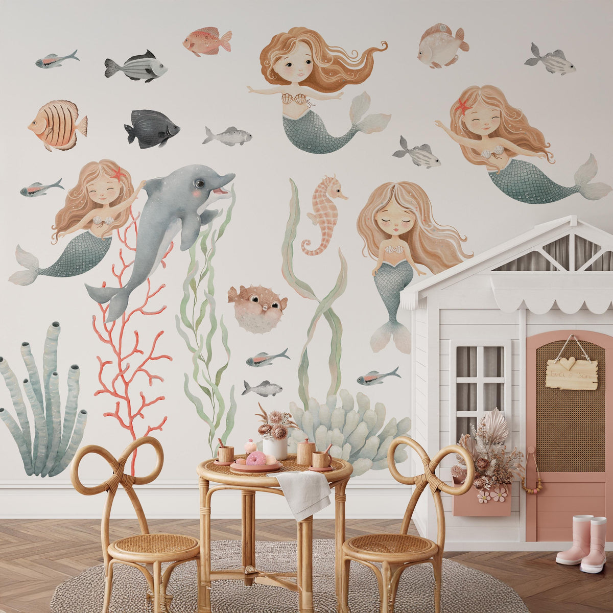 Watercolour Mermaid Wall Decals in a playroom