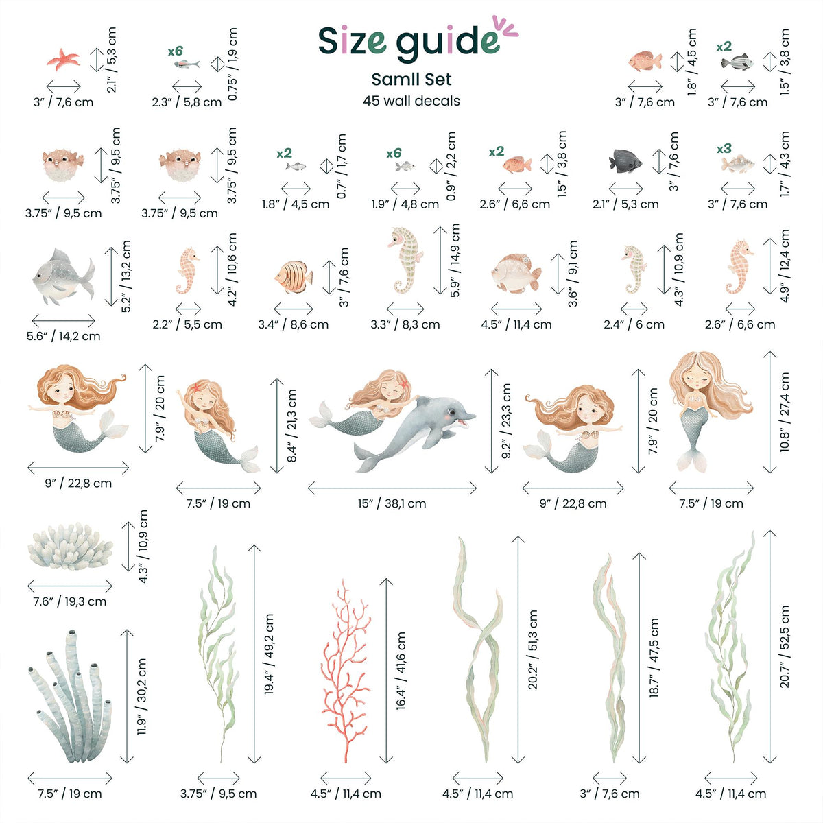Watercolour Mermaid Wall Decals small set size guide