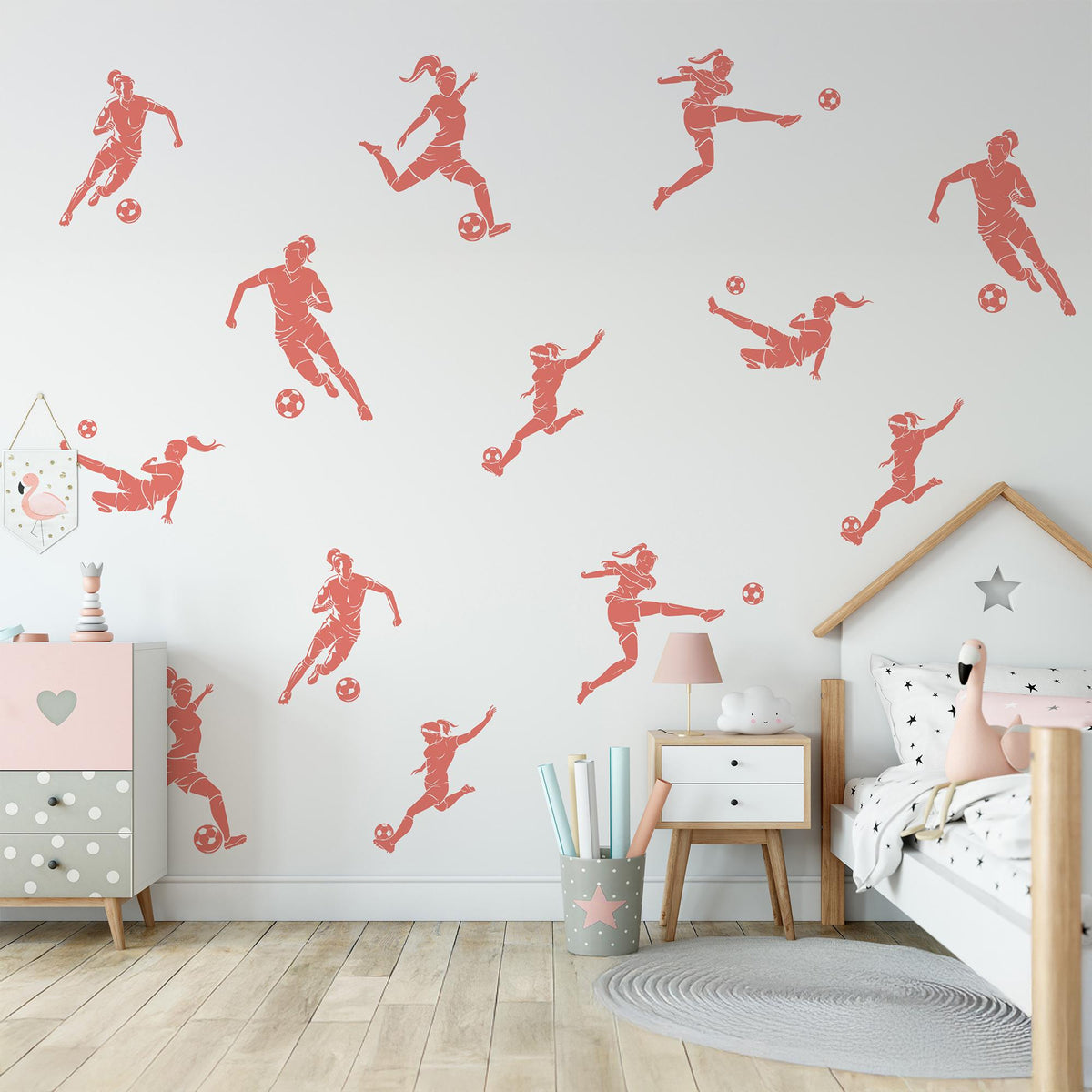 Girls Football Wall Decals in coral in a girl's bedroom