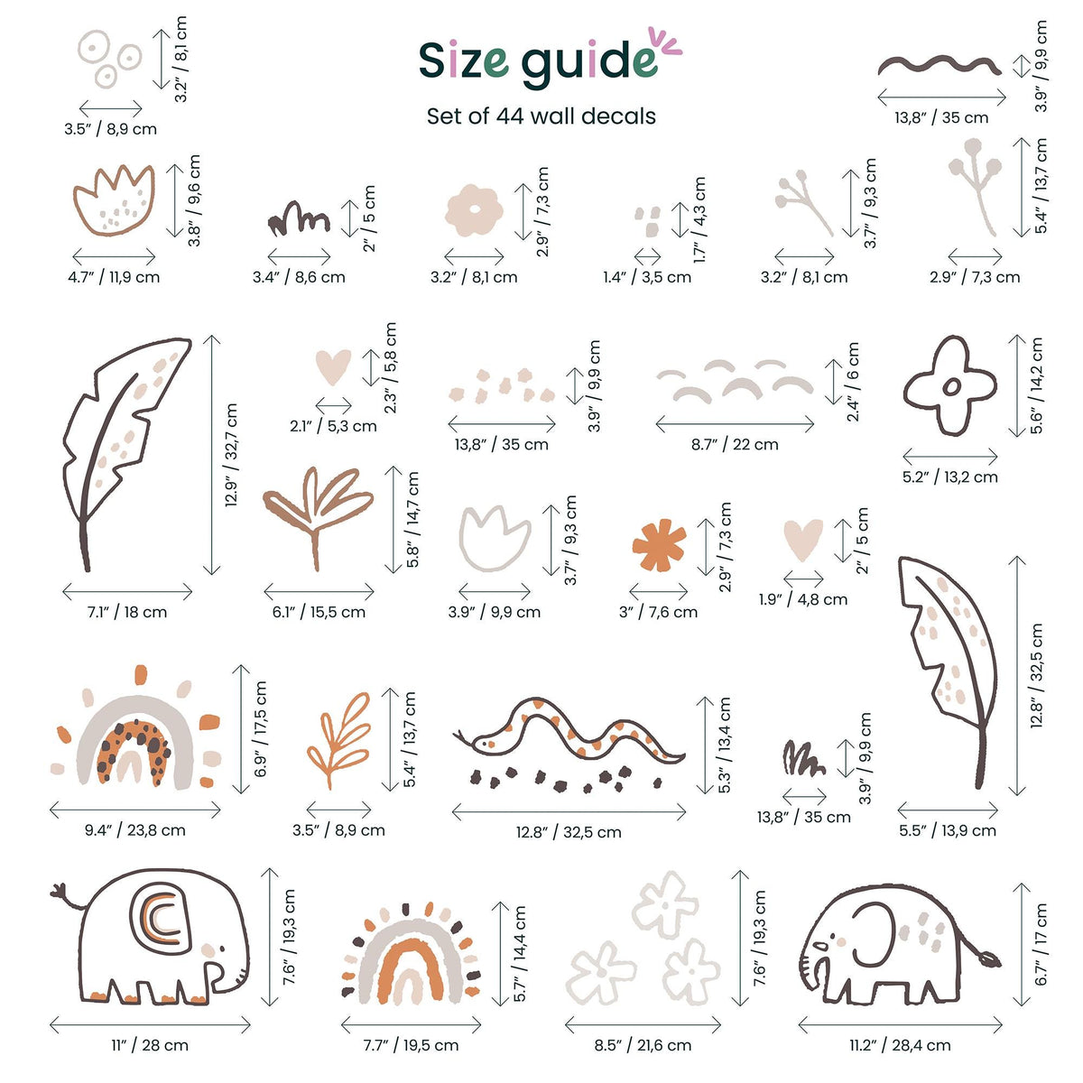 Boho Safari Animal Wall Decals size guide, part 2