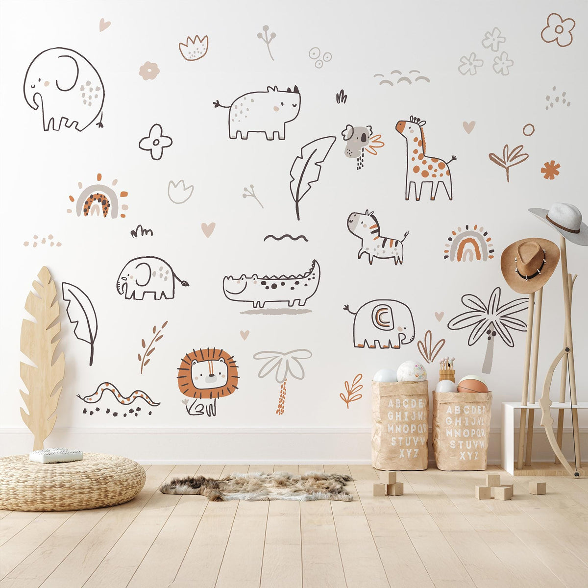 Boho Safari Animal Wall Decals in a nursery
