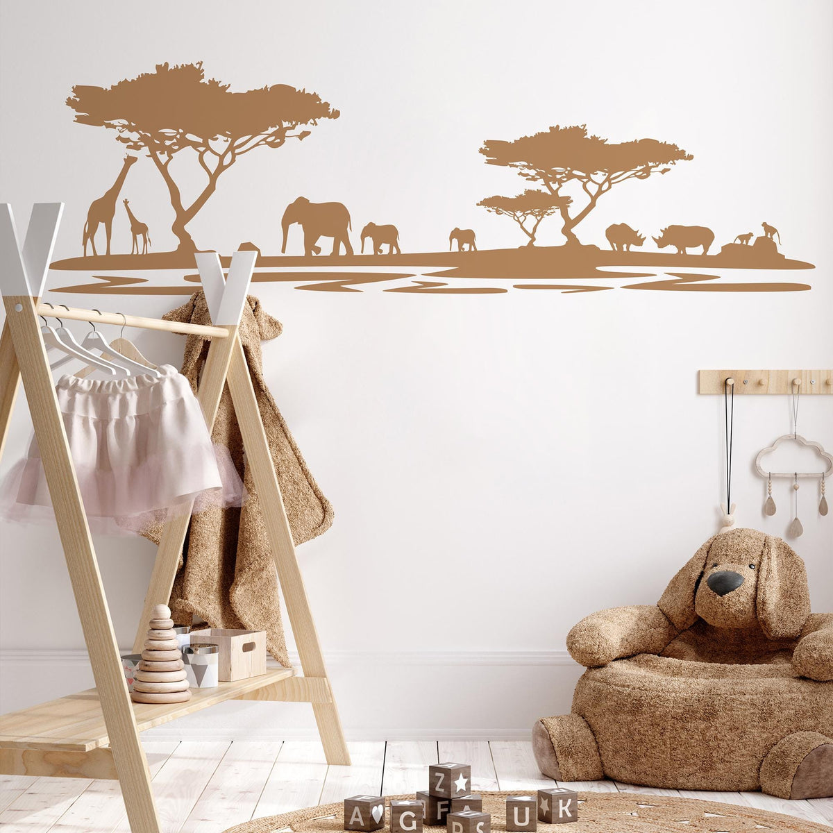 African Safari Silhouette Wall Decal in tan in a children's room