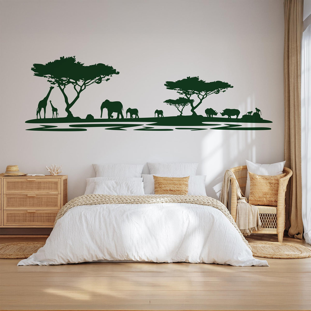 African Safari Silhouette Wall Decal in dark green above a bed