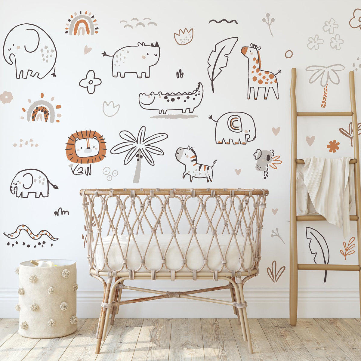 Boho Safari Animal Wall Decals above a cot