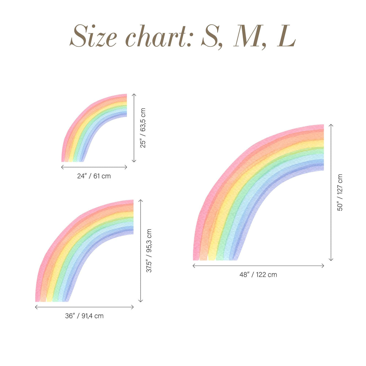 Watercolour Half Rainbow Wall Decal size guide S, M, L