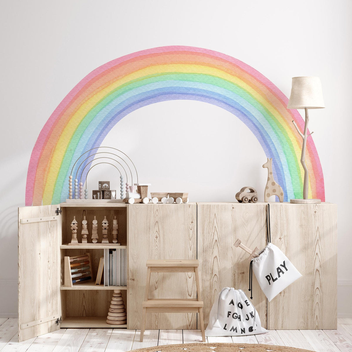 Watercolour Rainbow Wall Decal above a sideboard