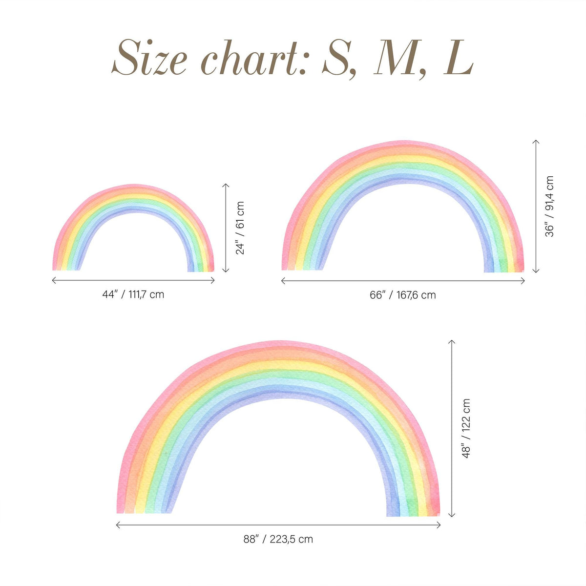 Watercolour Rainbow Wall Decal size guide S, M, L