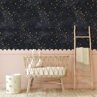 Celestial Starry Night Wallpaper above a scalloped dado in a nursery