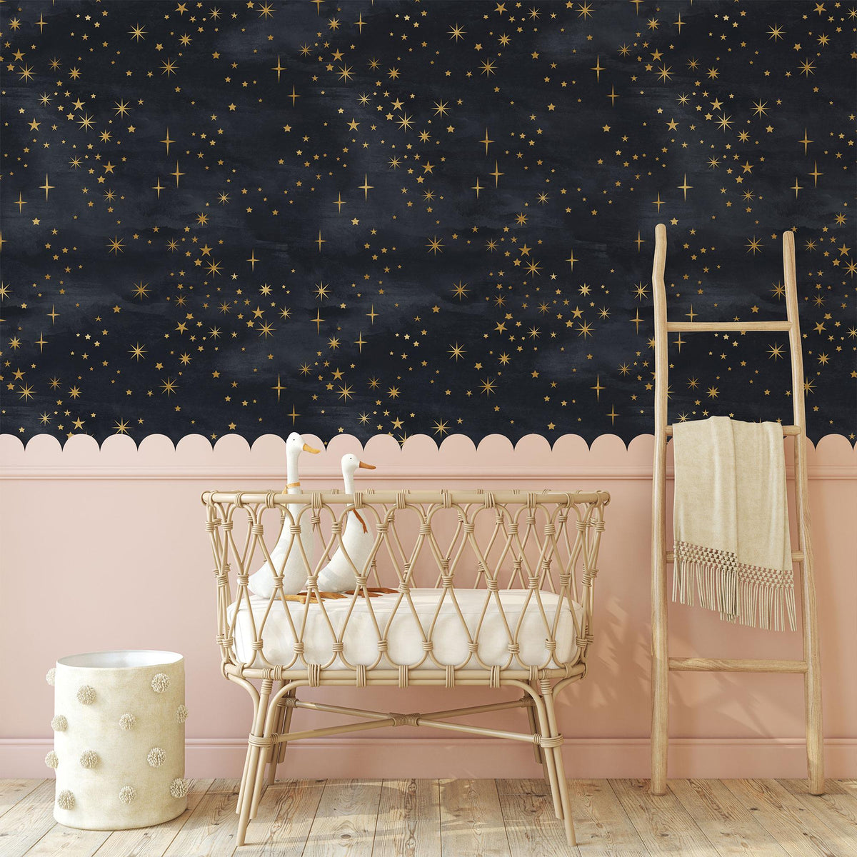 Celestial Starry Night Wallpaper above a scalloped dado in a nursery