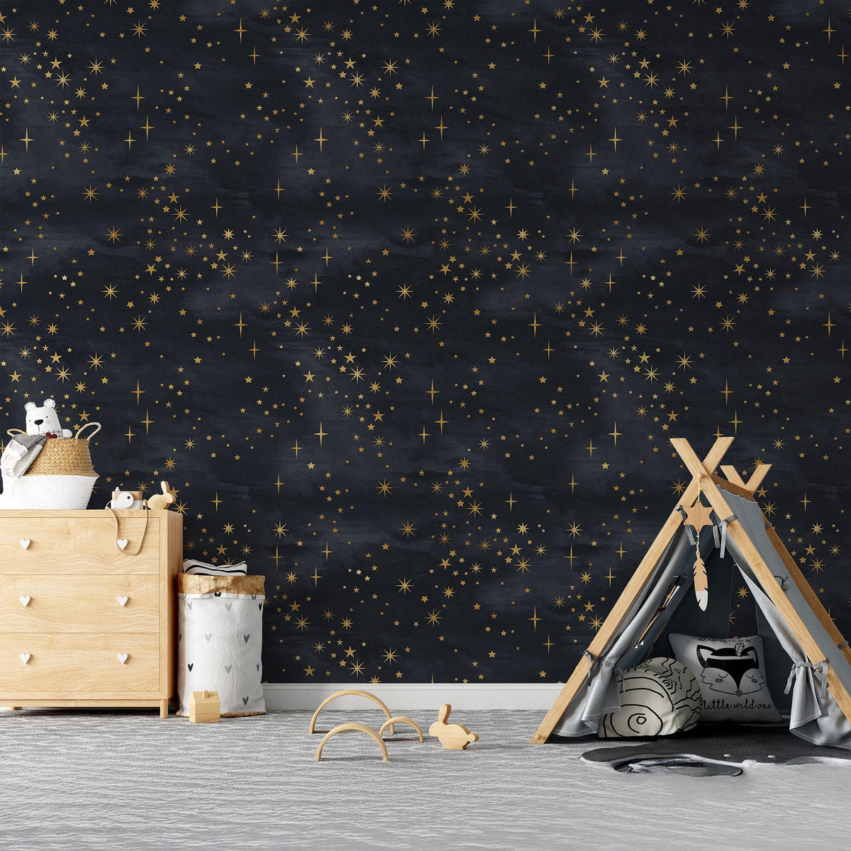 Celestial Starry Night Wallpaper behind a play tent