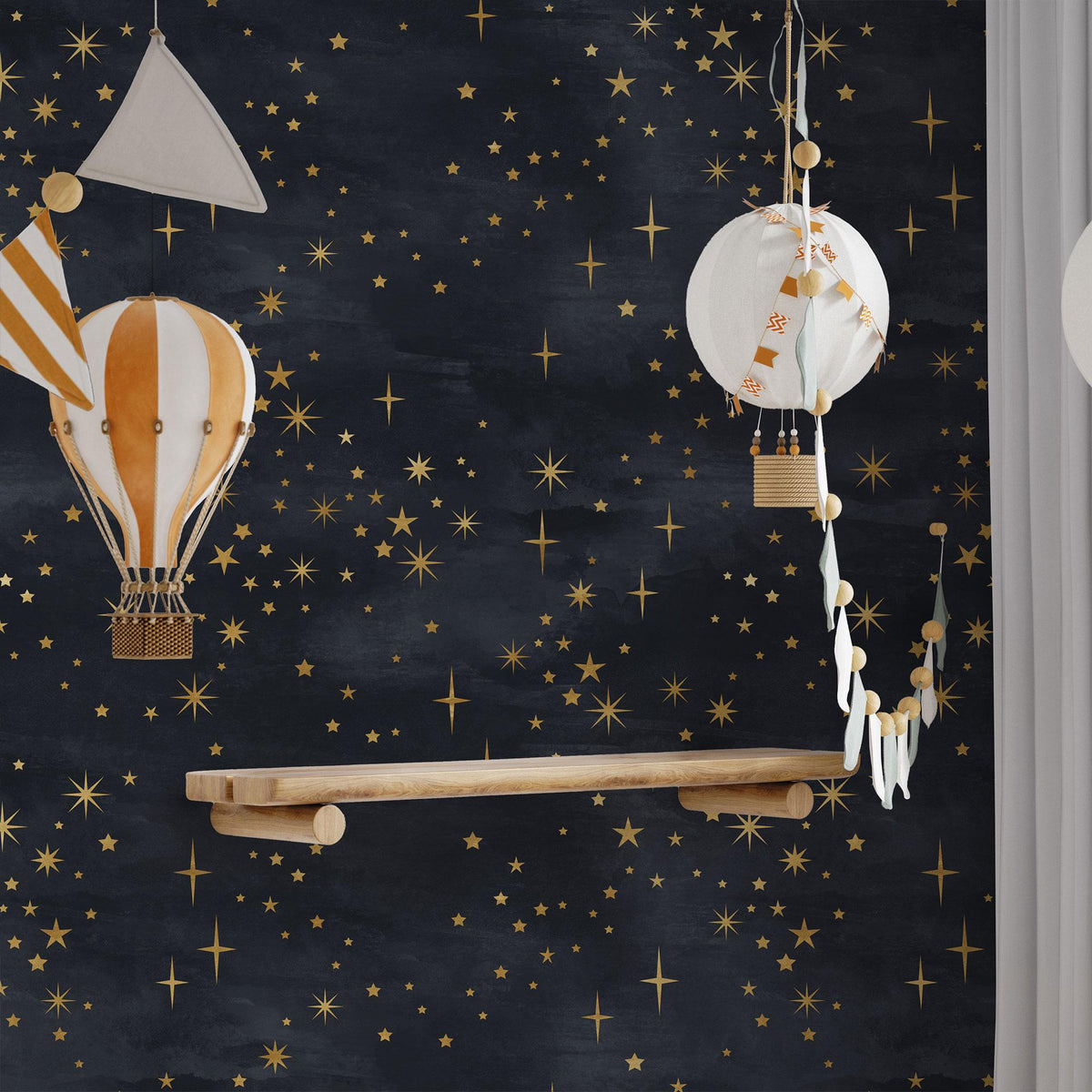 Celestial Starry Night Wallpaper close-up with hanging decorations