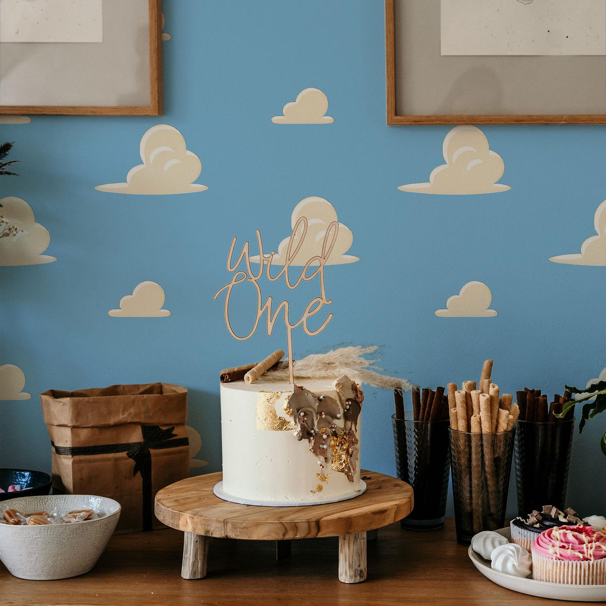 Blue Cloud Wallpaper behind a party table