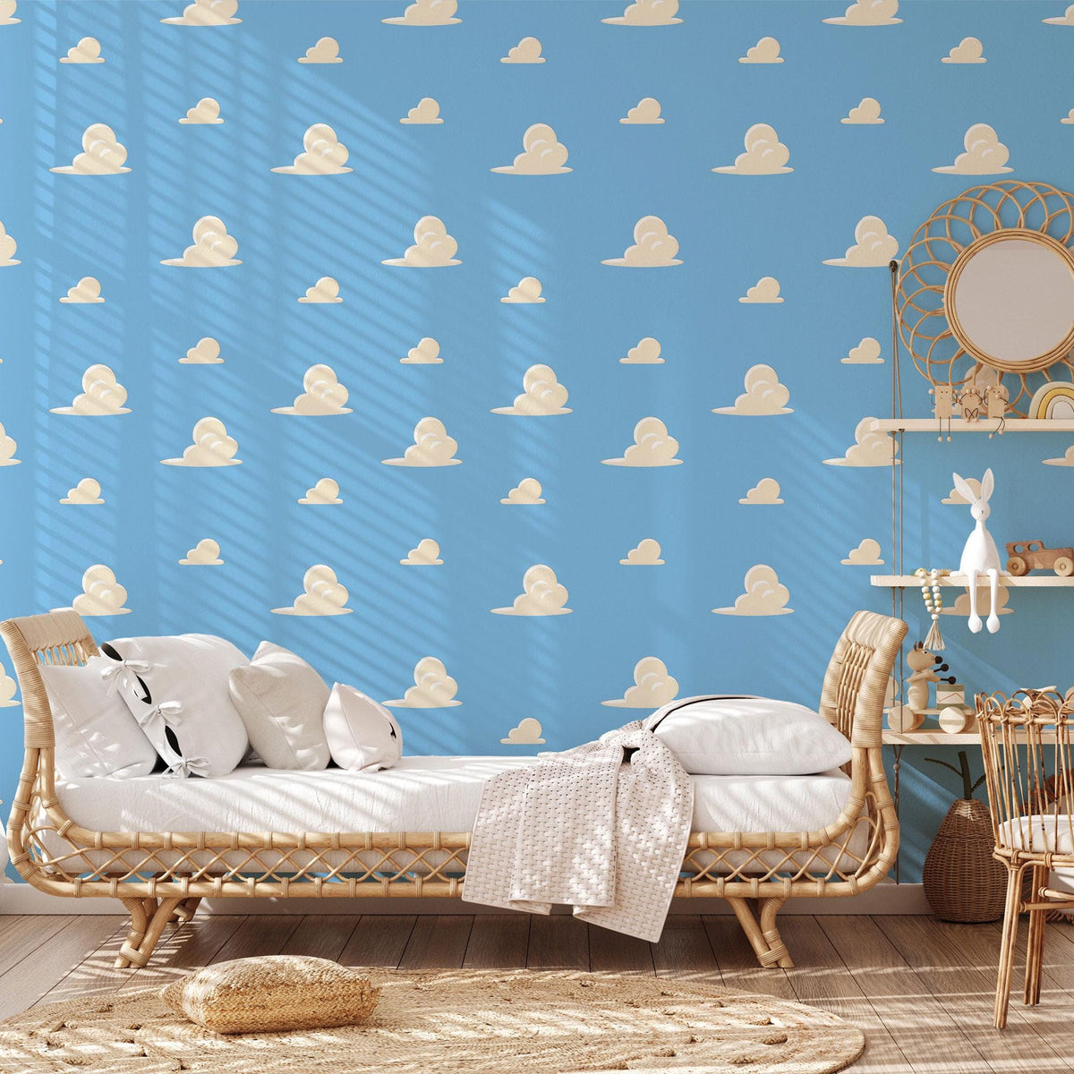 Blue Cloud Wallpaper behind a rattan daybed