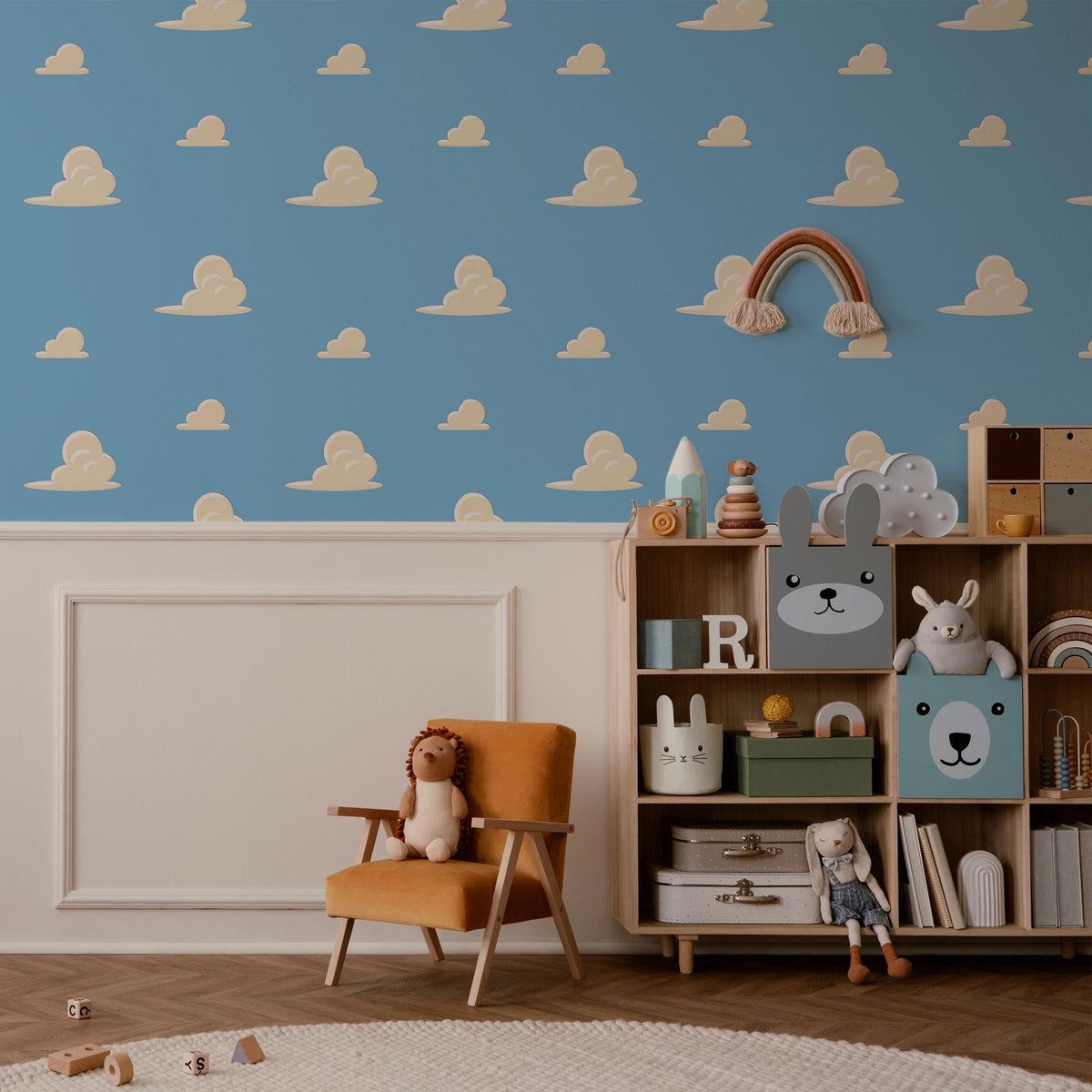 Blue Cloud Wallpaper in a nursery with toy shelves